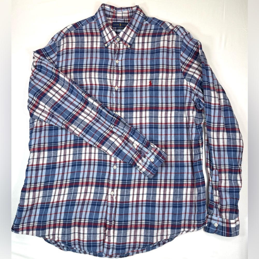 RALPH LAUREN‎ Mens Linen Summer Button Down XXL Classic Fit Plaid Pony Patriotic